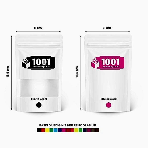 11X18,5 Cm 2 Baskılı Beyaz Renkli Pencereli İki Taraf Tek Renk Doypack Torba 100 Gr /09/