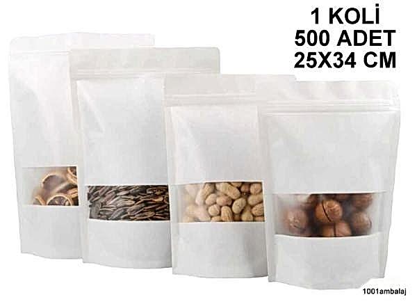25X34 Cm Beyaz Renk Pencereli (1 Koli 500 Adet) Kilitli Doypack Torba 1500 Gr /14/