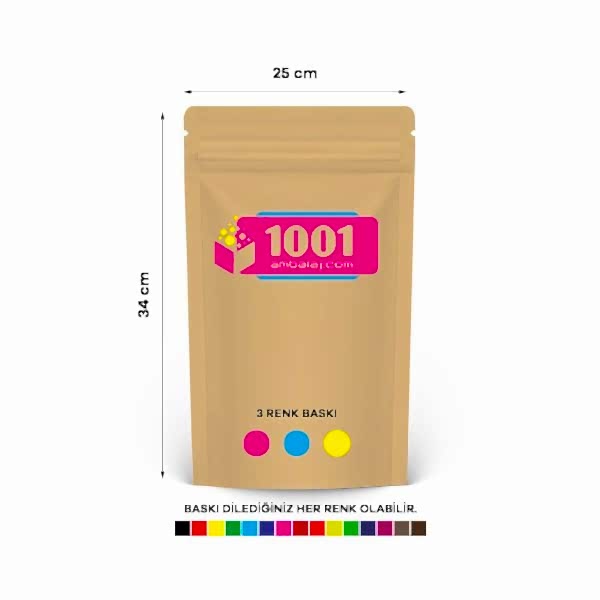 25X34 Cm 3 Baskılı Kraft Renkli Tek Taraf Üç Renk Doypack Torba 1500 Gr /36/