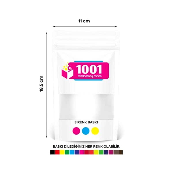 11X18,5 Cm 3 Baskılı Beyaz Renkli Pencereli Tek Taraf Üç Renk Doypack Torba 100 Gr /09/