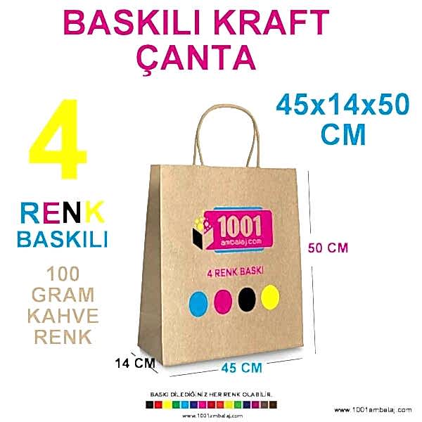4 Renk Baskılı 45X14X50 Cm 100 Gr Kraft kağıt Çanta Kahve Renk