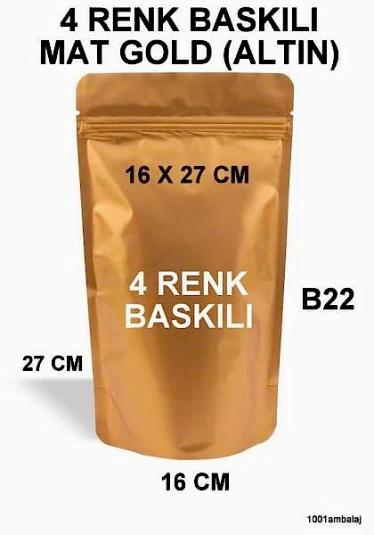16X27 Cm 4 Baskılı Mat Gold ( Altın Renkli ) İki Taraf İki Renk Doypack Torba 500 Gr /27/