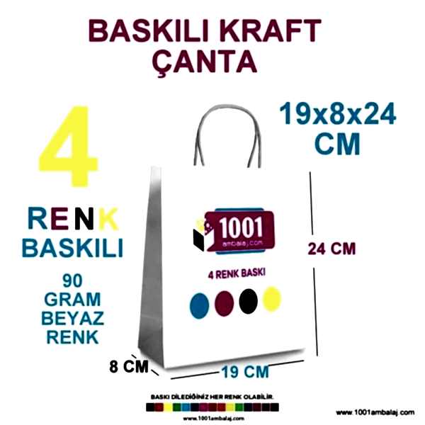 4 Renk Baskılı 19X8X24 Cm 90 Gr Kraft kağıt Çanta Beyaz Renk