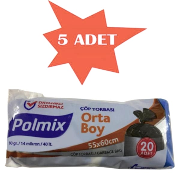 Çöp Torbası Polmix Orta Boy 80 Gram 55X60 Mavi 5 Paket