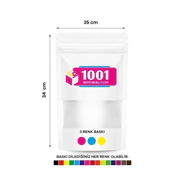 25X34 Cm 3 Baskılı Beyaz Renkli Pencereli Tek Taraf Üç Renk Doypack Torba 1500 Gr /14/