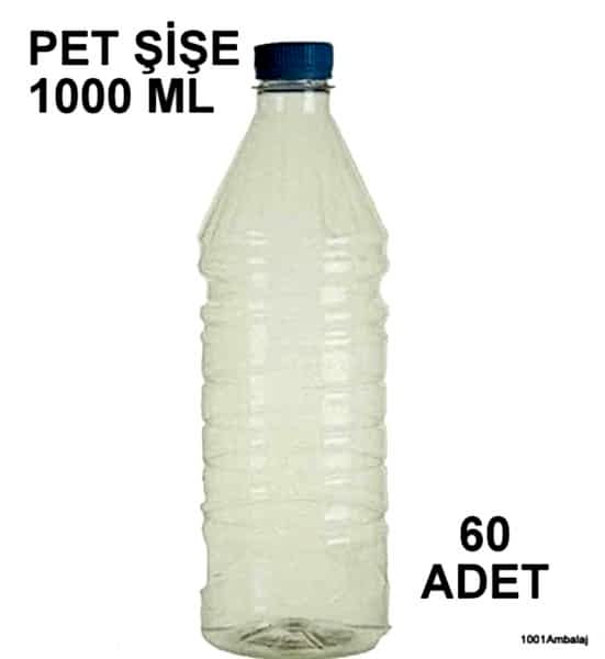 Pet Şişe 1000 Ml Plastik Kilitli kapaklı Şeffaf Yuvarlak Tabanli 60 Adet