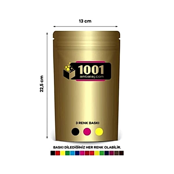 13X22,5 Cm 3 Baskılı Gold ( Altın ) Renkli Tek Taraf Üç Renk Doypack Torba 250 Gr /22/
