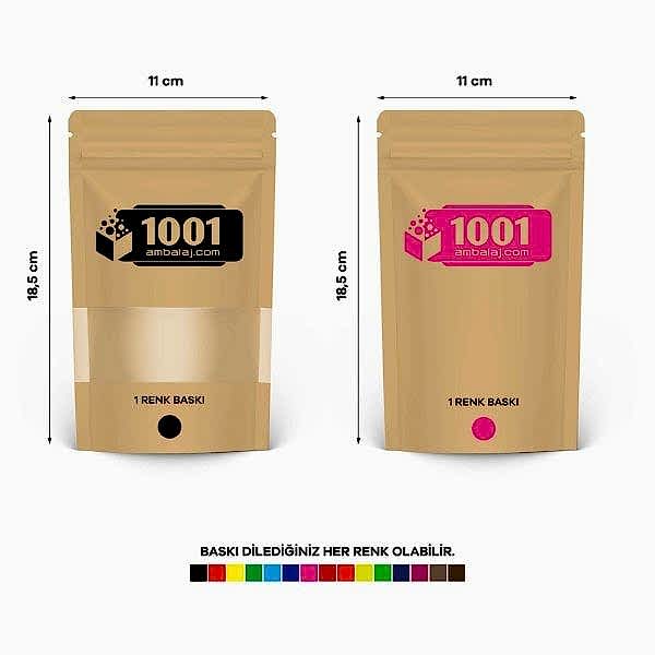 11X18,5 Cm 2 Baskılı Kraft Renkli Pencereli İki Taraf Tek Renk Doypack Torba 100 Gr /38/