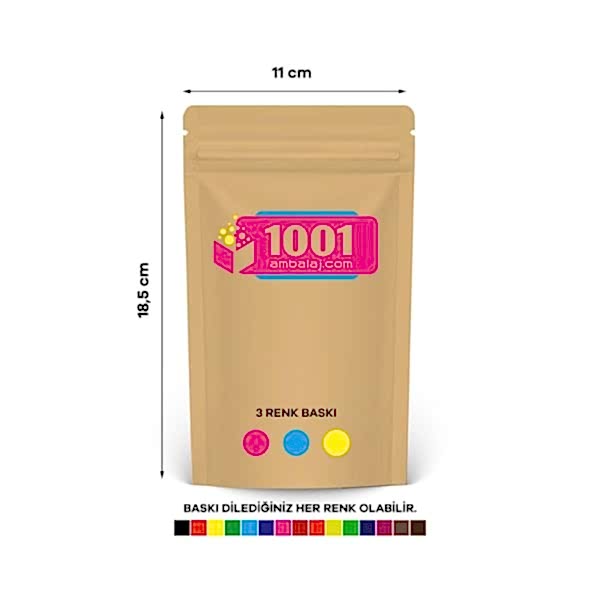 11X18,5 Cm 3 Baskılı Kraft Renkli Tek Taraf Üç Renk Doypack Torba 100 Gr /30/