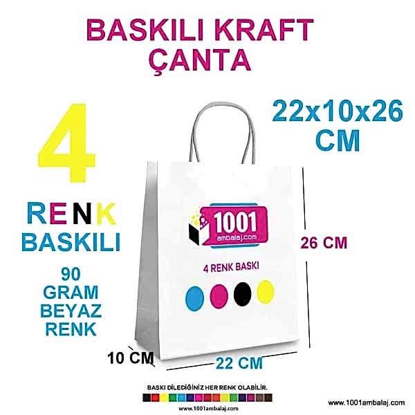 4 Renk Baskılı 22X10X26 Cm 90 Gr Kraft kağıt Çanta Beyaz Renk