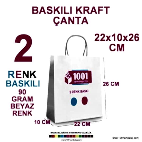 2 Renk Baskılı 22X10X26 Cm 90 Gr Kraft kağıt Çanta Beyaz Renk