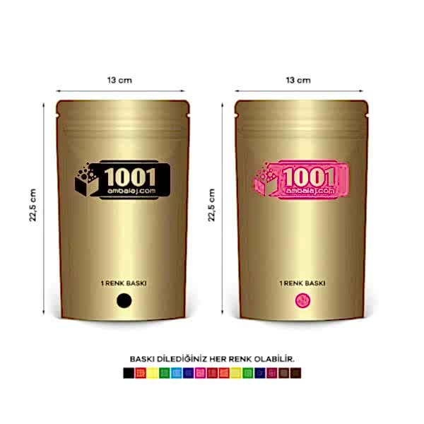 13X22,5 Cm 2 Baskılı Gold ( Altın ) Renkli İki Taraf Tek Renk Doypack Torba 250 Gr /22/