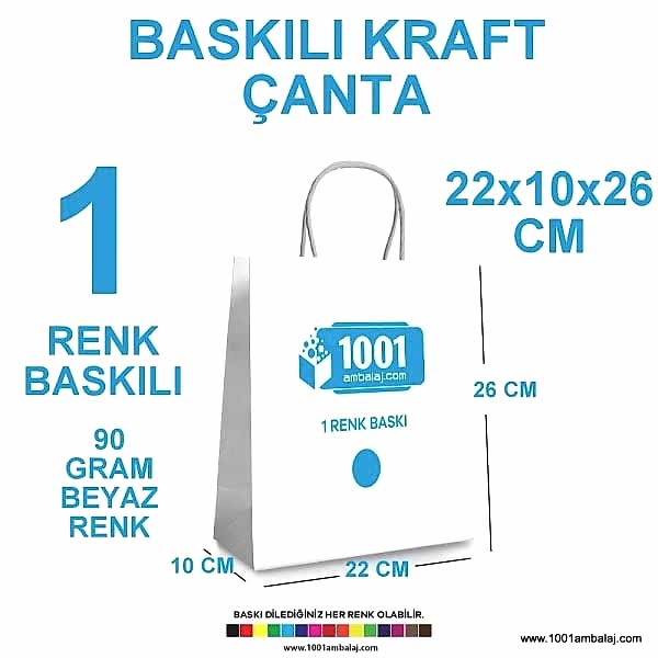 1 Renk Baskılı 22X10X26 Cm 90 Gr Kraft kağıt Çanta Beyaz Renk