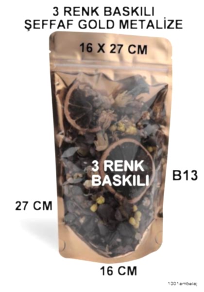 16X27 Cm 3 Baskılı Ön Şeffaf Arka Gold Metalize Renk Tek Taraf Üç Renk Doypack Torba 500 Gr /51/