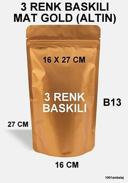 16X27 Cm 3 Baskılı Mat Gold ( Altın Renkli ) Tek Taraf Üç Renk Doypack Torba 500 Gr /27/