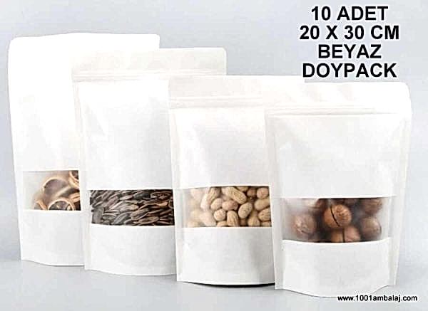 20X30 Cm Beyaz Pencereli * 10 Adet * Kilitli Doypack Torba 1000 Gr /13/