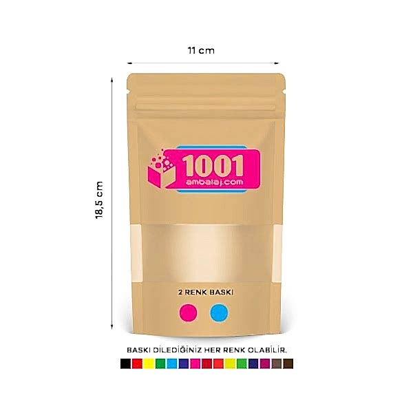 11X18,5 Cm 2 Baskılı Kraft Renkli Pencereli Tek Taraf İki Renk Doypack Torba 100 Gr /38/