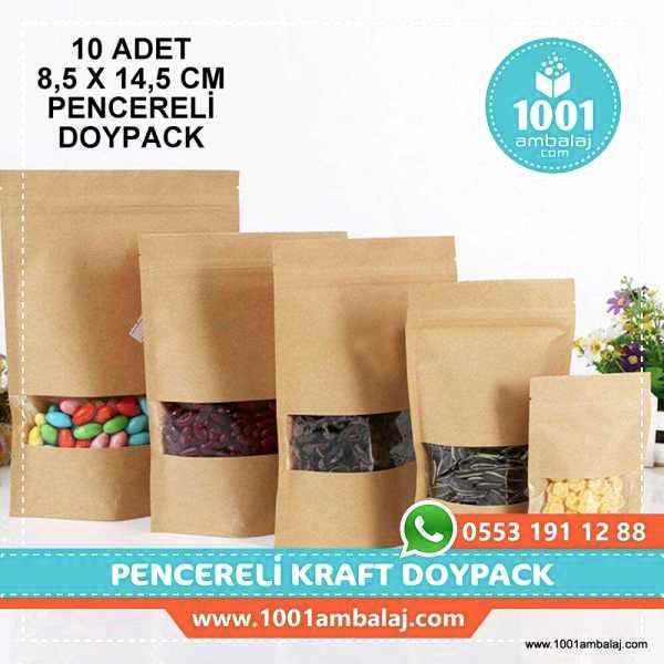 8,5X14,5 Cm Kraft Pencereli * 10 Adet * Kilitli Doypack Torba 50 Gr /37/