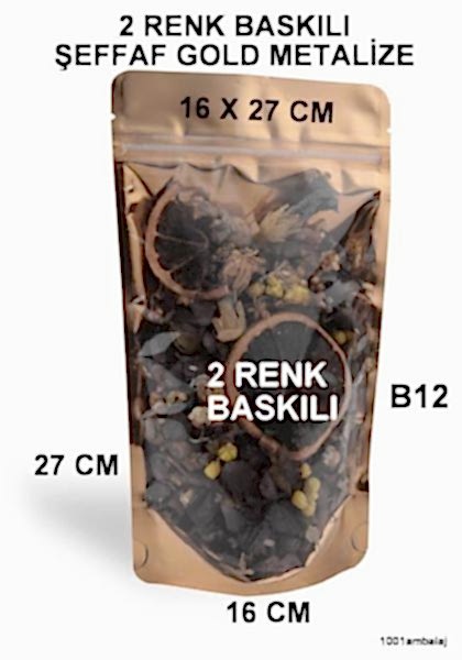 16X27 Cm 2 Baskılı Ön Şeffaf Arka Gold Metalize Renk Tek Taraf İki Renk Doypack Torba 500 Gr /51/