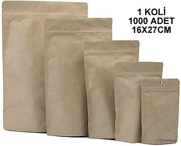 16X27 Cm Kraft (1000 Adet 1 Koli) Kilitli Doypack Torba 500 Gr /33/