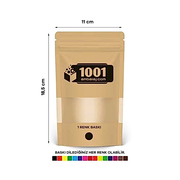 11X18,5 Cm 1 Baskılı Kraft Renkli Pencereli Tek Taraf Tek Renk Doypack Torba 100 Gr /38/