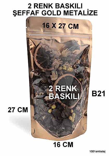 16X27 Cm 2 Baskılı Ön Şeffaf Arka Gold Metalize Renk İki Taraf Tek Renk Doypack Torba 500 Gr /51/