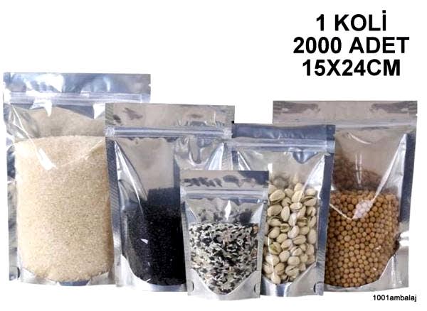 15X24 Cm Ön Şeffaf Arka Metalize 1 Koli 2000 Adet Kilitli Doypack Torba 350 Gr /57/