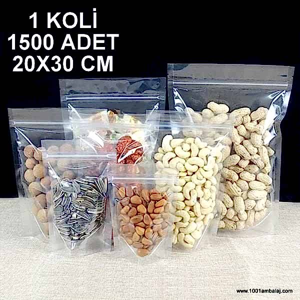 20X30 Cm Şeffaf 1 Koli 1500 Adet Kilitli Doypack Torba 1000 Gr /75/