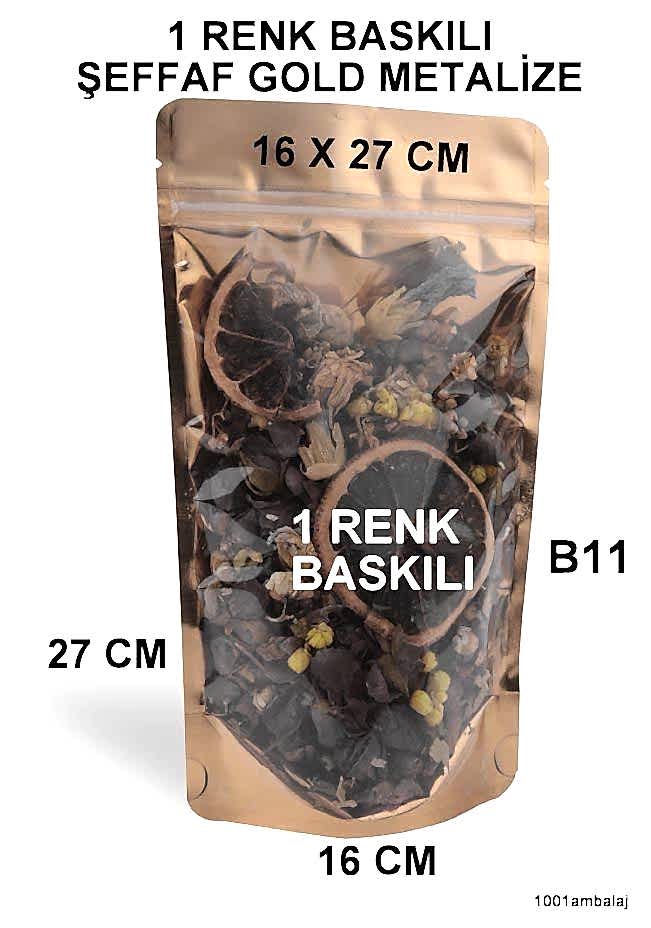 16X27 Cm 1 Baskılı Ön Şeffaf Arka Gold Metalize Renk Tek Taraf Tek Renk Doypack Torba 500 Gr /51/