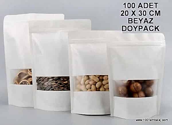 20X30 Cm Beyaz Pencereli 100 Adet Kilitli Doypack Torba 1000 Gr /13/
