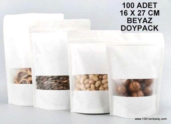 16X27 Cm Beyaz Pencereli 100 Adet Kilitli Doypack Torba 500 Gr /11/