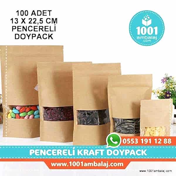 13X22,5 Cm Kraft Pencereli 100 Adet Kilitli Doypack Torba 250 Gr /39/