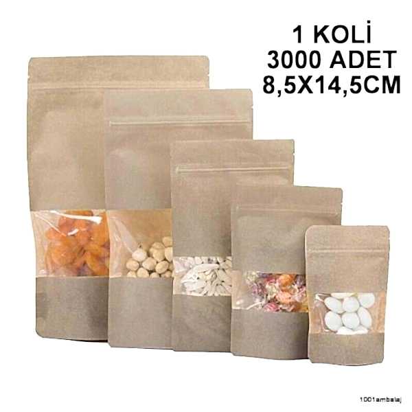 8,5X14,5 Cm Kraft Pencereli 1 Koli 3000 Adet Kilitli Doypack Torba 50 Gr /37/