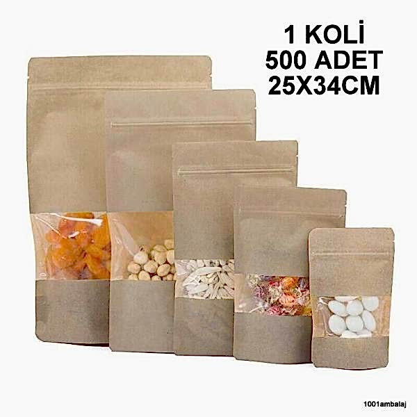 25X34 Cm Kraft Pencereli 1 Koli 500 Adet Kilitli Doypack Torba 1500 Gr /43/