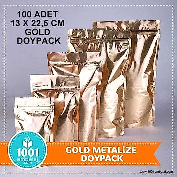 13X22,5 Cm Gold ( Altın ) 100 Adet Kilitli Doypack Torba 250 Gr /22/