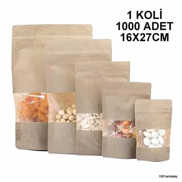 16X27 Cm Kraft Pencereli 1 Koli 1000 Adet Kilitli Doypack Torba 500 Gr /40/
