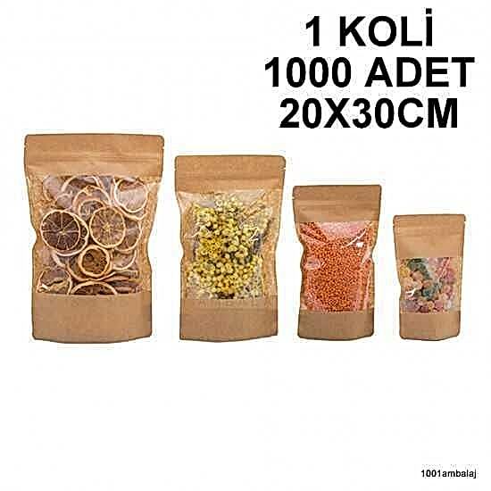 20X30 Cm Kraft Geniş Pencereli 1 Koli 1000 Adet Kilitli Doypack Torba 1000 Gr /47/