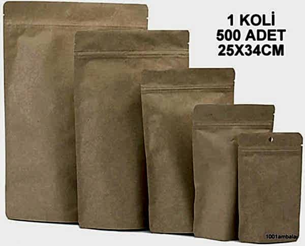 25X34 Cm Kraft 1 Koli 500 Adet Kilitli Doypack Torba 1500 Gr /36/