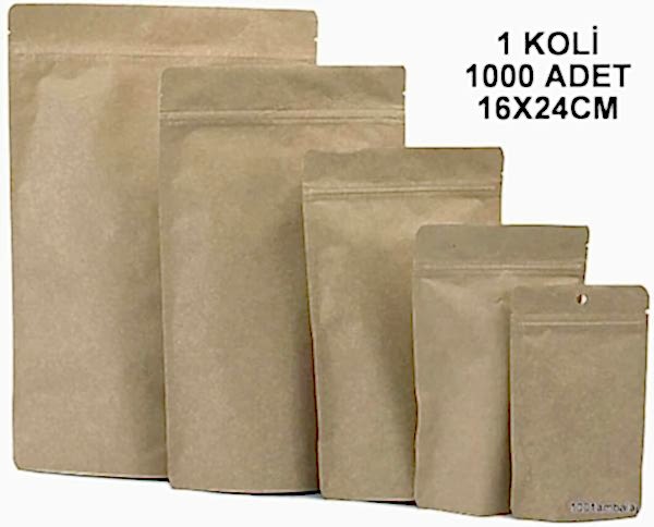 16X24 Cm Kraft 1 Koli 1000 Adet Kilitli Doypack Torba 370 Gr /32/