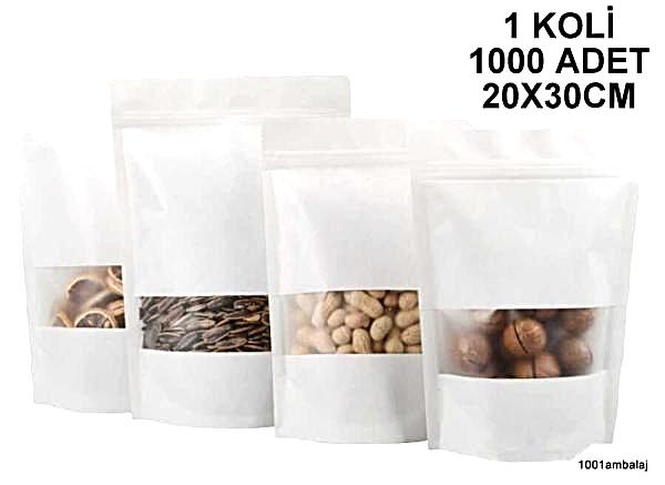 20X30 Cm Beyaz Pencereli 1 Koli 1000 Adet Kilitli Doypack Torba 1000 Gr /13/