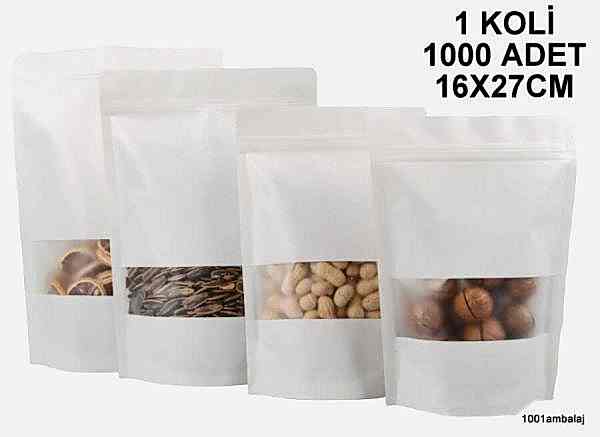 16X27 Cm Beyaz Pencereli 1 Koli 1000 Adet Kilitli Doypack Torba 500 Gr /11/