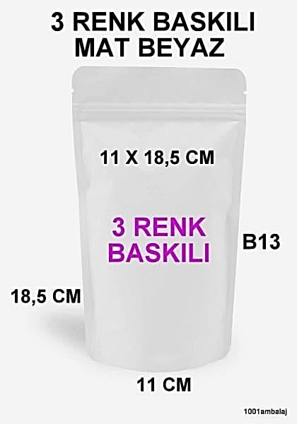11X18,5 Cm 3 Baskılı Mat Beyaz Renkli Tek Taraf Üç Renk Doypack Torba 100 Gr /16/