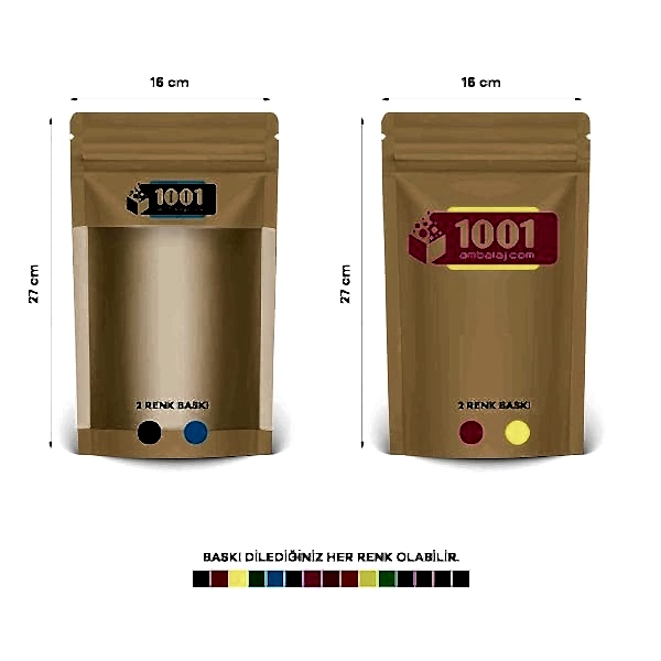 16X27 Cm 4 Baskılı Kraft Renkli Geniş Pencereli İki Taraf İki Renk Doypack Torba 500 Gr /46/