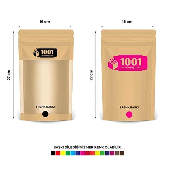 16X27 Cm 2 Baskılı Kraft Renkli Geniş Pencereli İki Taraf Tek Renk Doypack Torba 500 Gr /46/