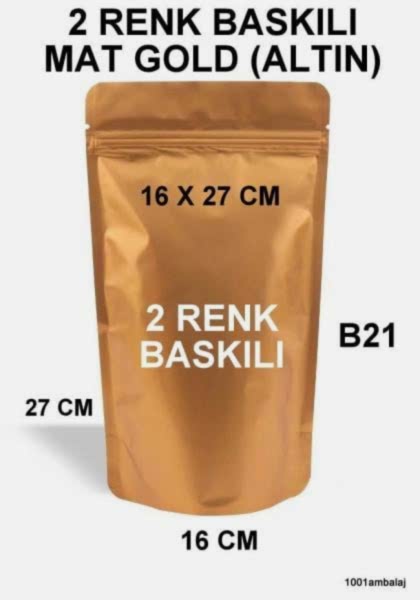 16X27 Cm 2 Baskılı Mat Gold ( Altın Renkli ) İki Taraf Tek Renk Doypack Torba 500 Gr /27/