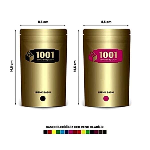 8,5X14,5 Cm 2 Baskılı Gold ( Altın ) Renkli İki Taraf Tek Renk Doypack Torba 50 Gr /20/