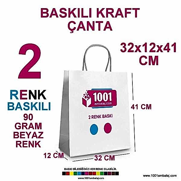 2 Renk Baskılı 32X12X41 Cm 90 Gr Kraft kağıt Çanta Beyaz Renk
