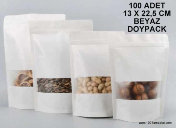 13X22,5 Cm Beyaz Pencereli 100 Adet Kilitli Doypack Torba 250 Gr /10/