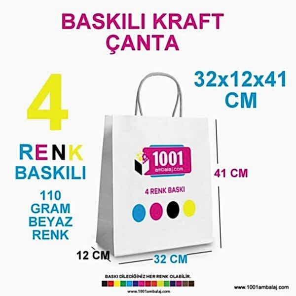 4 Renk Baskılı 32X12X41 Cm 110 Gr Kraft kağıt Çanta Beyaz Renk