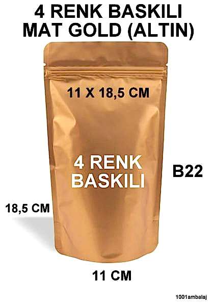 11X18,5 Cm 4 Baskılı Mat Gold ( Altın Renkli ) İki Taraf İki Renk Doypack Torba 100 Gr /25/